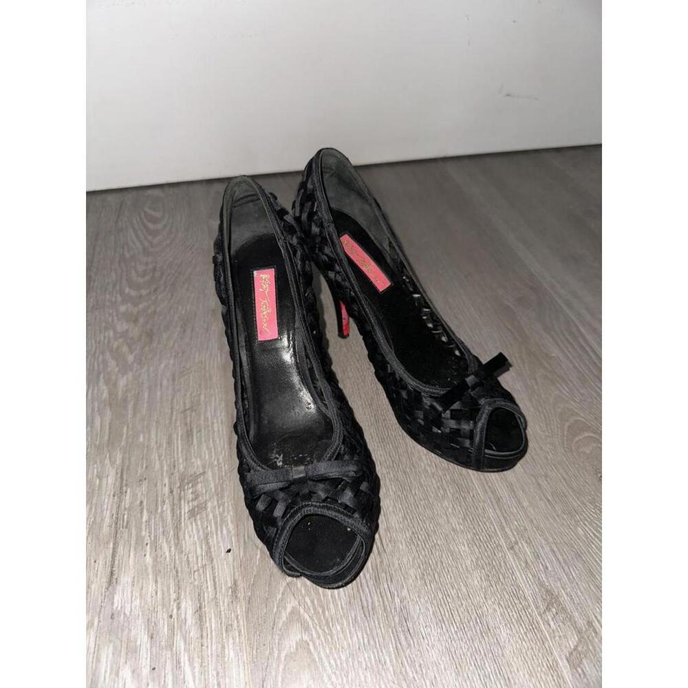 Black Woven Peep-Toe Heels